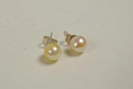 A pair of freshwater pearl stud earrings, on white metal posts