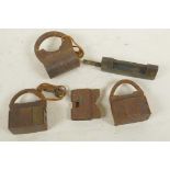 Four antique iron padlocks together with an antique bronze padlock, 3½" long