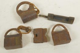 Four antique iron padlocks together with an antique bronze padlock, 3½" long