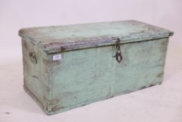 A C19th painted oak coffer, the interior fitted with a candle box, 13" x 13" x 31"