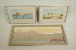 Maltese School, three watercolours, Valetta Harbour, The Medina and Fort St. Angello, largest 6½"