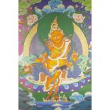 A Sino-Tibetan printed thangka depicting a deity with a rat and peach, 26" x 36"