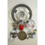 Automobilia, a Mountney aluminium three spoke steering wheel, 11" diameter, a pair of vintage MG