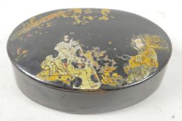 A C19th papier mache snuff box with chinoiserie decoration to the cover, 3" wide