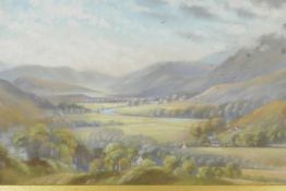 An early C20th landscape scene with valley and river, pastel on paper, indistinctly signed and dated