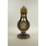 A V&A Museum 'Marie-Antoinette' blue and gilt porcelain mantel clock in the form of a lyre, 15"