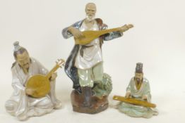 Three Chinese, Shiwan style, mud men figures of musicians, largest 8½"