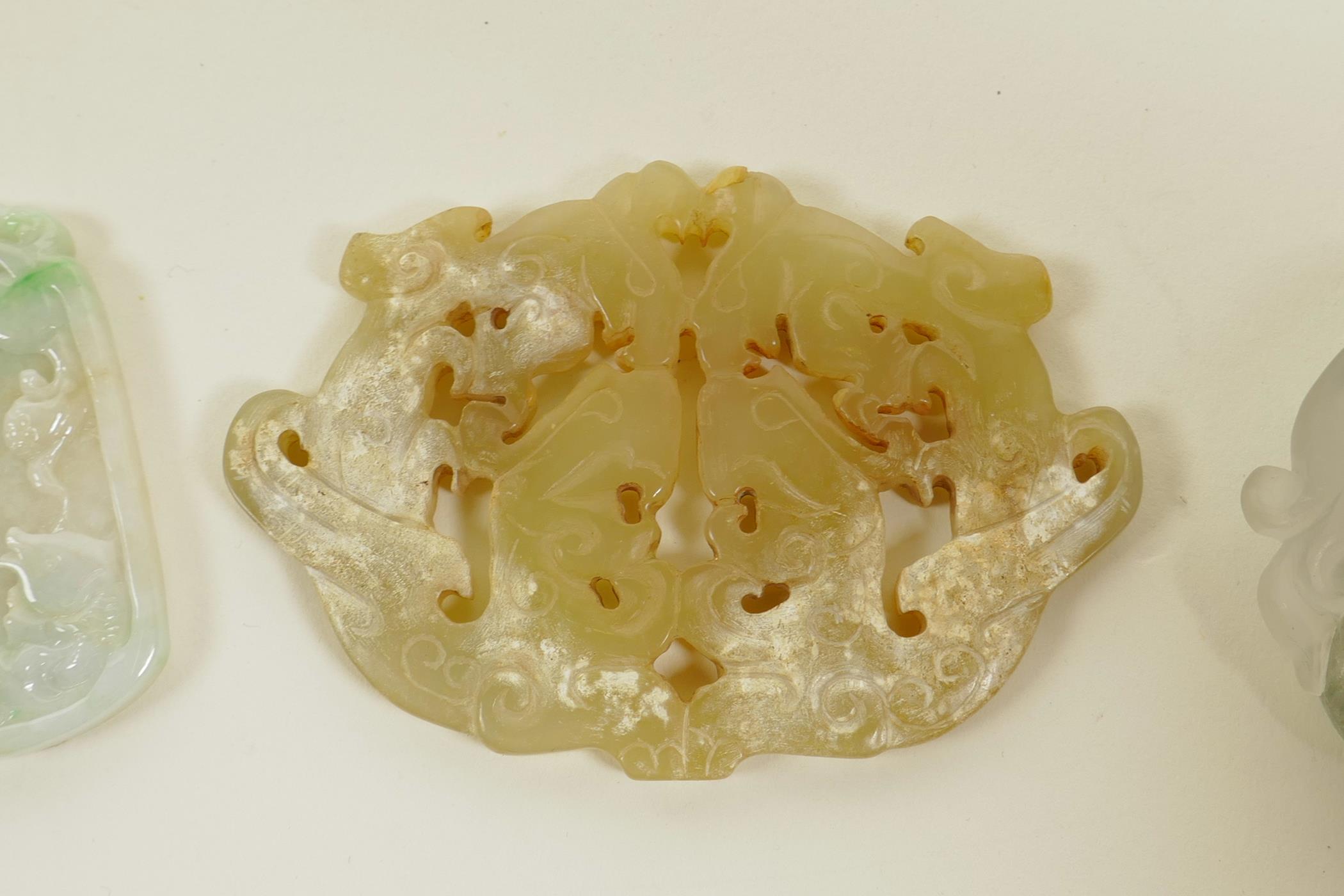 Three Chinese jade and hardstone pendants with carved dragon and phoenix decoration, largest 3" x 2" - Image 3 of 4