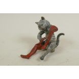 A small cold painted bronze figurine of Puss in Boots, 3" high