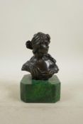 After Lebeau, bronze bust of a woman on a green stone stand, 6" high