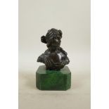 After Lebeau, bronze bust of a woman on a green stone stand, 6" high