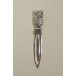 A sterling silver bookmark with owl finial, 3½" long