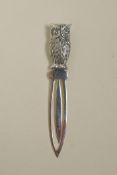 A sterling silver bookmark with owl finial, 3½" long