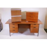 A 1970s utilitarian office desk and two filing cabinets, desk 71½" x 33", 28" high