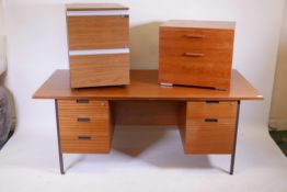 A 1970s utilitarian office desk and two filing cabinets, desk 71½" x 33", 28" high