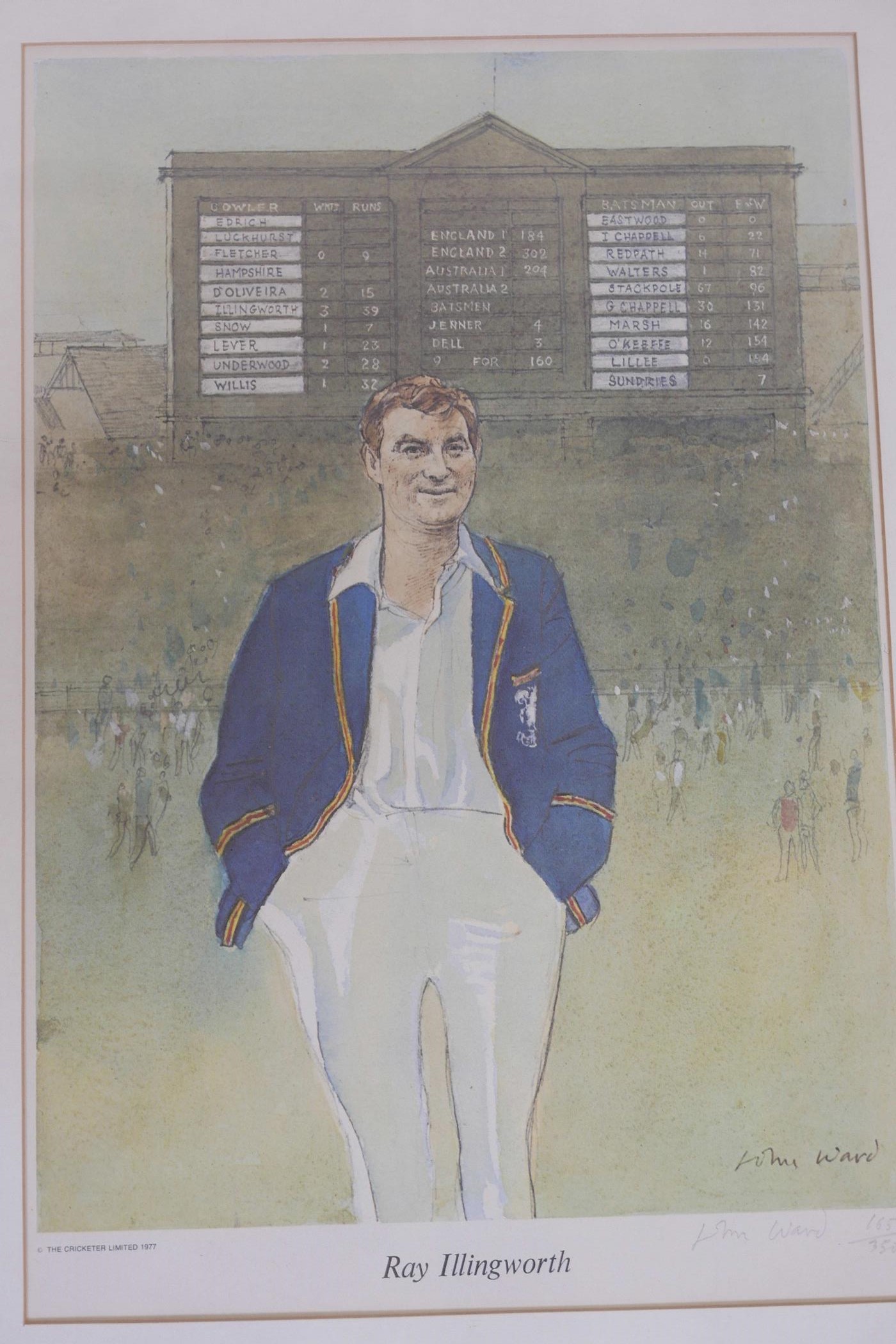 John Ward, a set of six Limited Edition prints, 165/350, portraits of cricketers, Colin Cowdrey, Ray - Image 3 of 8