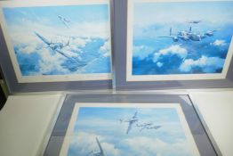 Three colour prints of WWII combat aircraft by Robert Taylor bearing signatures, 'Hurricane', Bob