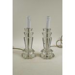 A pair of Art Deco style glass lamps, one repair, 10½" high