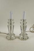 A pair of Art Deco style glass lamps, one repair, 10½" high