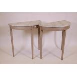 A pair of antique demilune console tables with later painted decoration, 29" x 14" x 30"