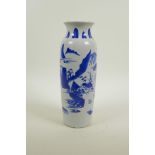 A Chinese blue and white vase decorated with warriors and travellers in a landscape, 10½" high