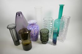 A collection of 1970s/80s studio glass vases including La Rochere, largest 16" high, together with