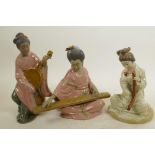 Three Chinese, Shiwan style, pottery figures of lady musicians, tallest 9"