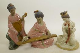 Three Chinese, Shiwan style, pottery figures of lady musicians, tallest 9"