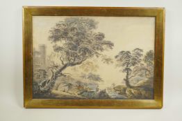 Attributed to Hubert Robert, figures in a classical landscape, antique watercolour, 14" x 20"