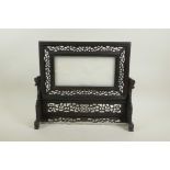 A Chinese carved white jade and hardwood table screen with carp and lotus flower decoration, 15" x
