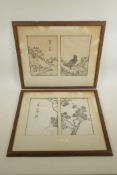 A pair of Japanese monochrome woodblocks depicting a blackbird in a landscape, and a branch