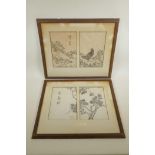 A pair of Japanese monochrome woodblocks depicting a blackbird in a landscape, and a branch