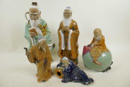Five Chinese, Shiwan style, mud men figures of sages, 13" high