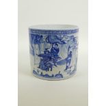 A Chinese blue and white porcelain brush pot decorated with figures in an encampment, 6½" high x 6½"