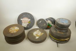 A collection of 16mm and 35mm film cases, some with contents, to include two French films 'Les
