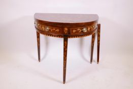 A C19th Dutch marquetry inlaid mahogany demi lune supper table fitted with two drawers and a fold