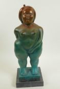 A Botero style figure of a naked lady with green and bronzed patination, 14½" high