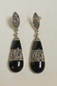 A pair of silver, marcasite and onyx pear shaped drop earrings, 2" drop
