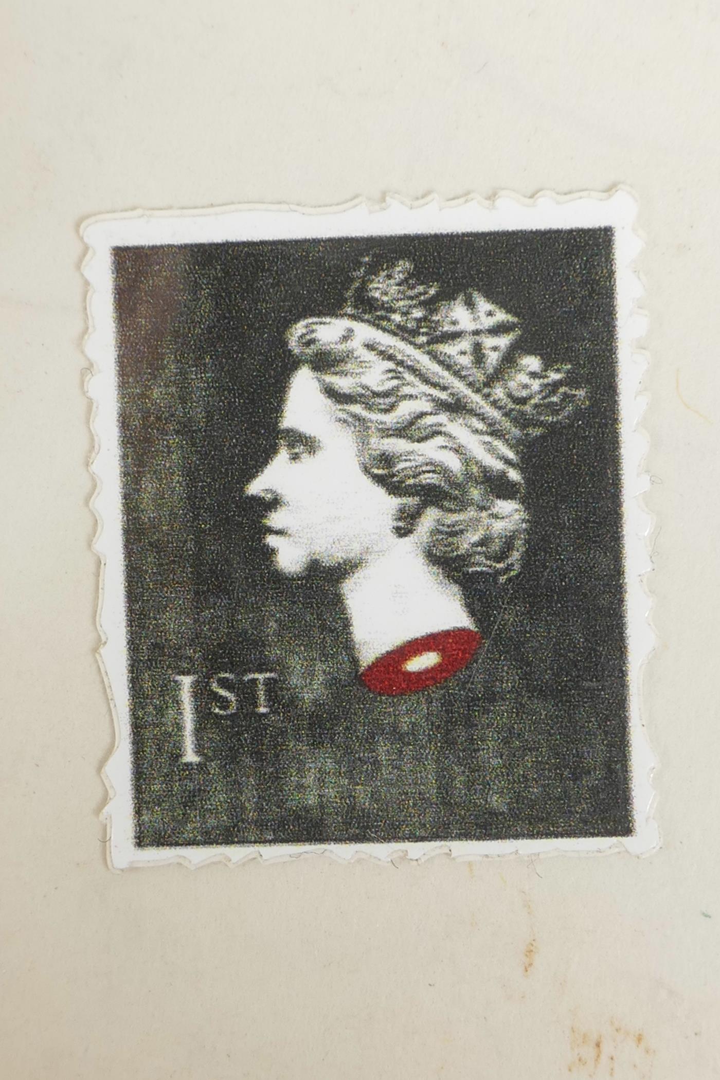 Darren Cullen, 'Beheaded Queen' sticker stamp, together with two postcards by the same artist and - Image 2 of 8