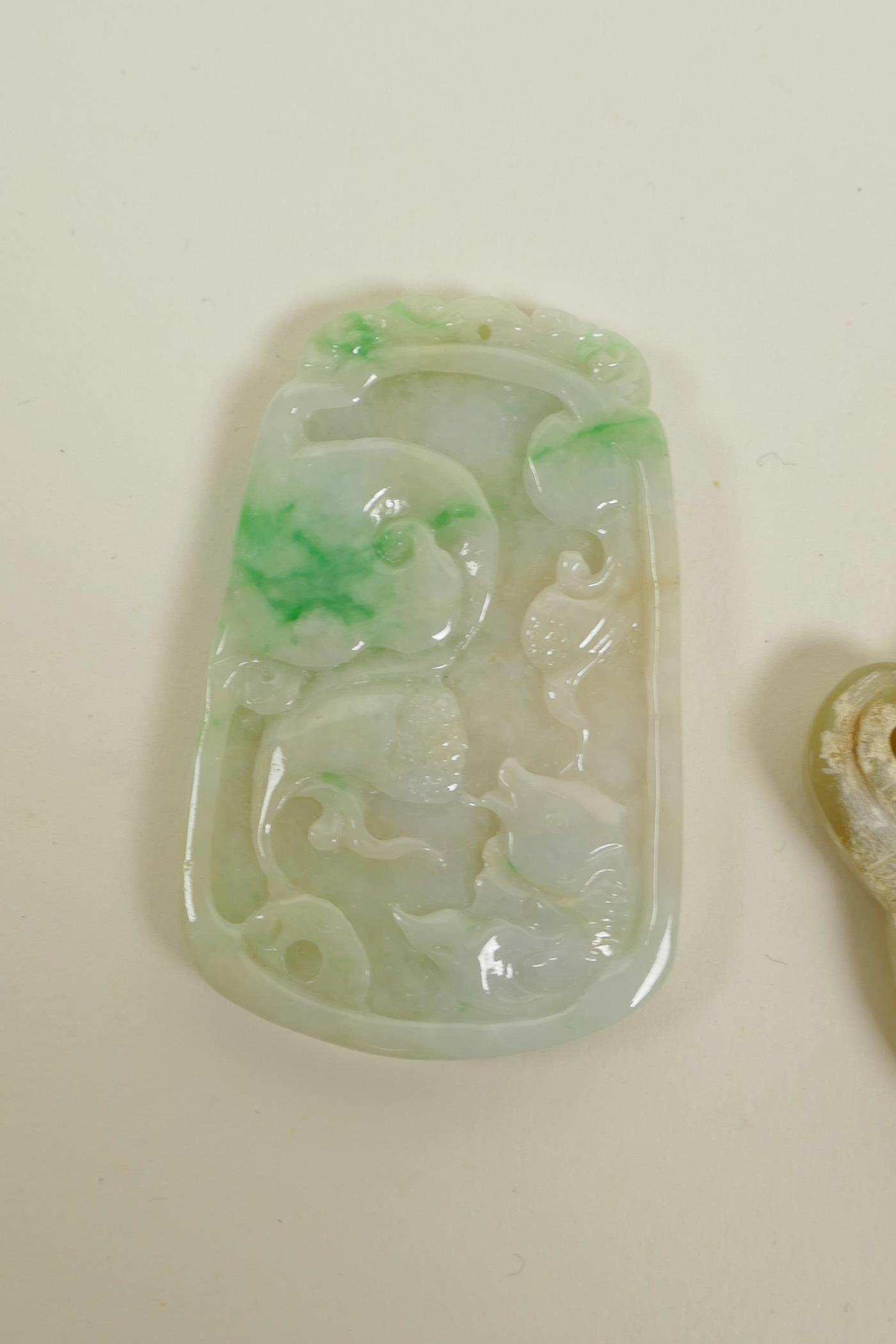 Three Chinese jade and hardstone pendants with carved dragon and phoenix decoration, largest 3" x 2" - Image 4 of 4