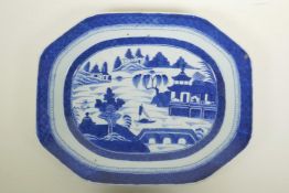 A Chinese blue and white porcelain meat dish with riverside landscape decoration, 15" x 12"