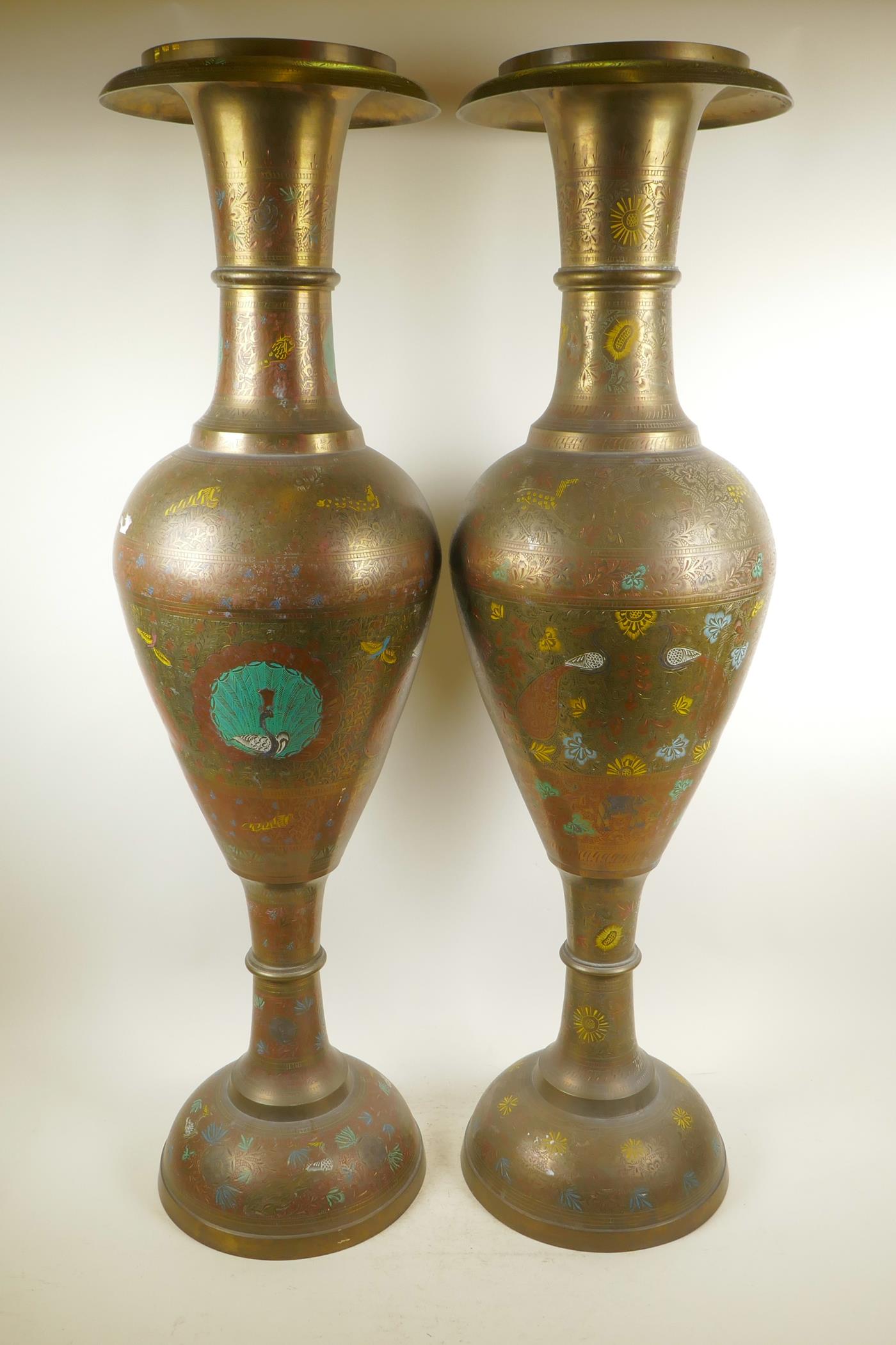 A pair of large Indian brass floor vases with engraved and painted decoration depicting peacocks, - Image 7 of 9