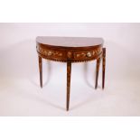 A C19th Dutch marquetry inlaid mahogany demi lune supper table fitted with two drawers and a fold