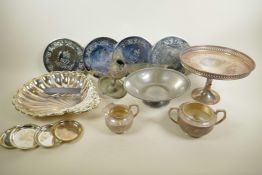 A box of silver plate and metalwares including a Tudric pewter tazza