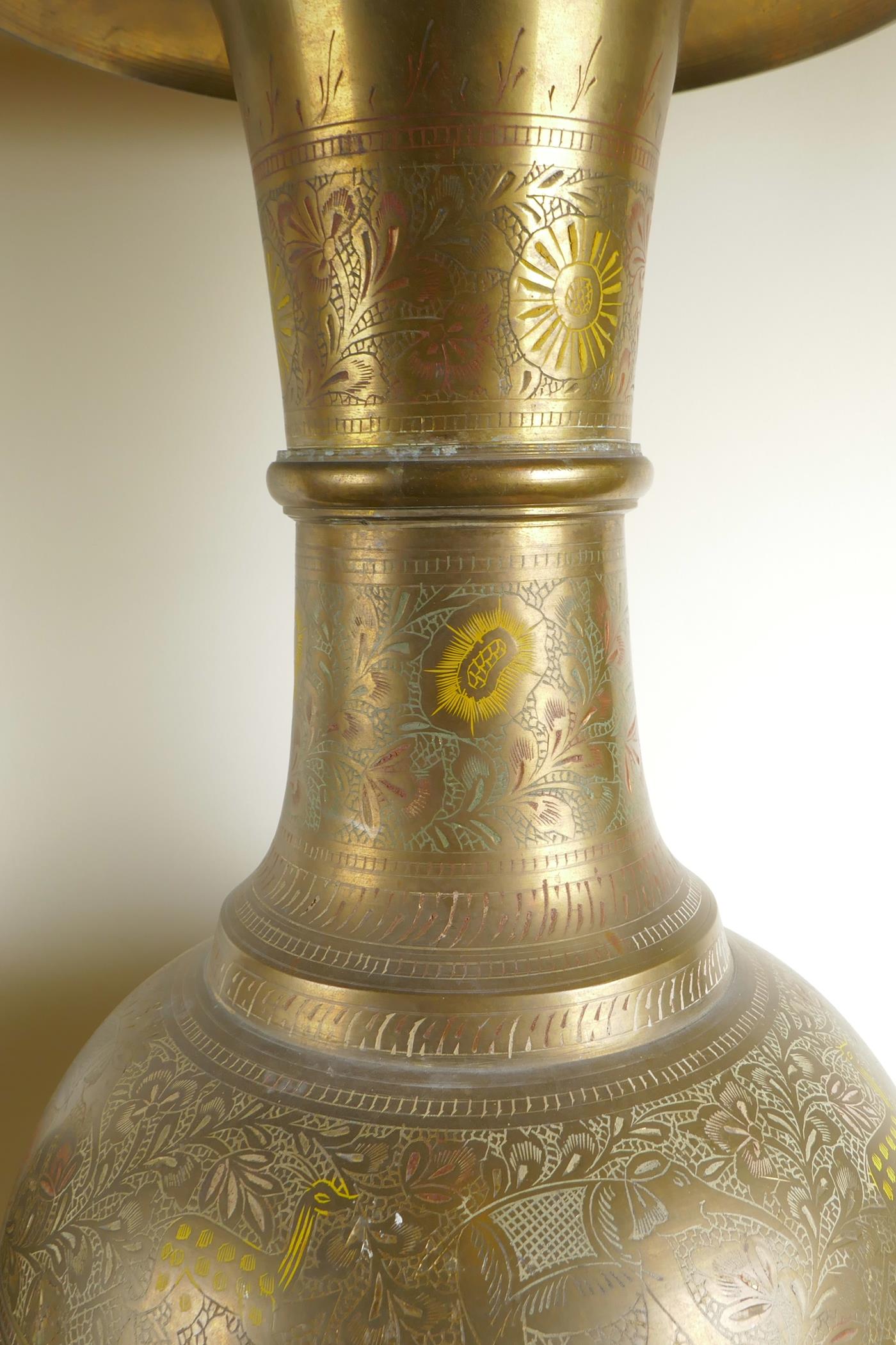 A pair of large Indian brass floor vases with engraved and painted decoration depicting peacocks, - Image 5 of 9