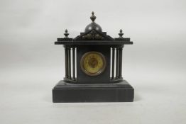 A late C19th slate neoclassical design portico style mantel clock with brass columns, 8½" high, A/