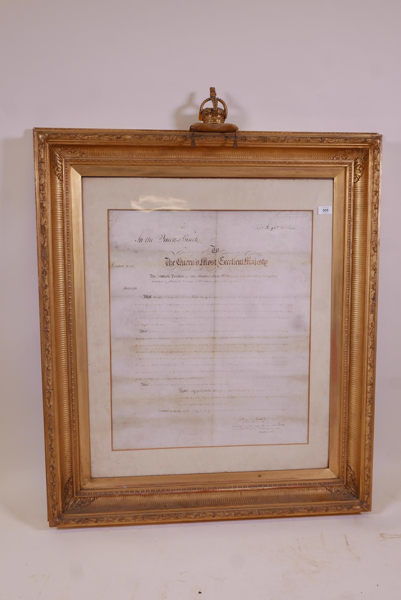 A large framed C19th court petition for fees due to the Thames Ironworks Co. Blackwall for materials