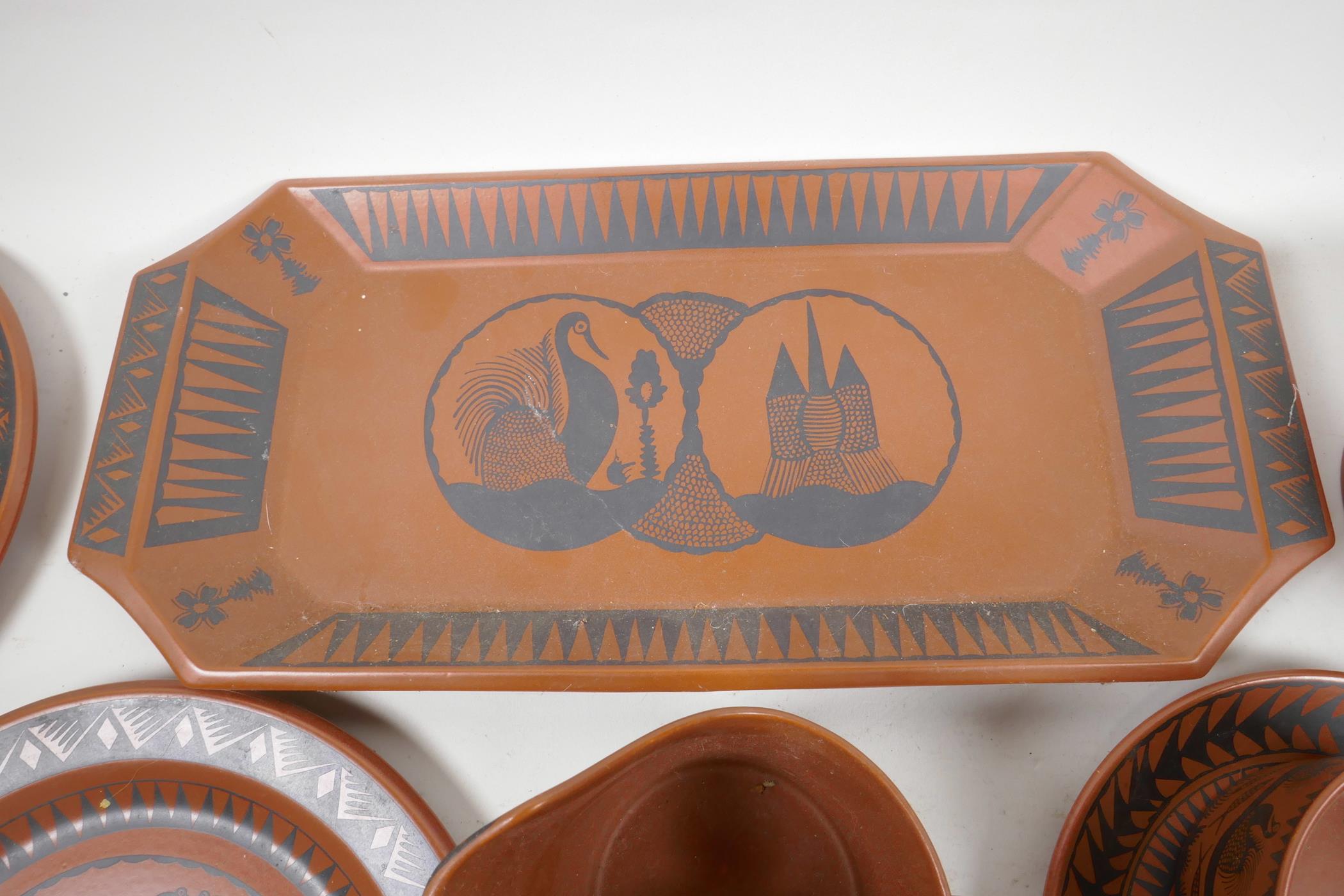 A Royal Worcester Crown Ware designed by Scottie Wilson part tea service comprising serving plate, - Image 3 of 8