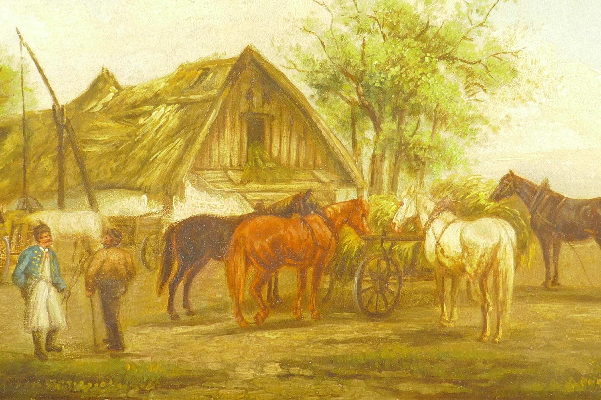 Figures with horses by a thatched barn, signed J. Stone, C19th oil on panel, heavy gilt framed, 9" x - Image 2 of 6