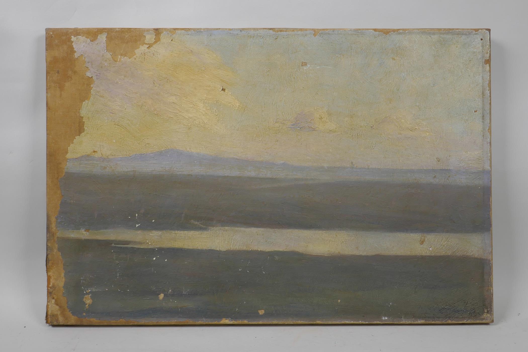 A late C19th/early C20th oil on canvas, landscape sketch, A/F, unframed, indistinctly signed, Scott? - Image 2 of 6